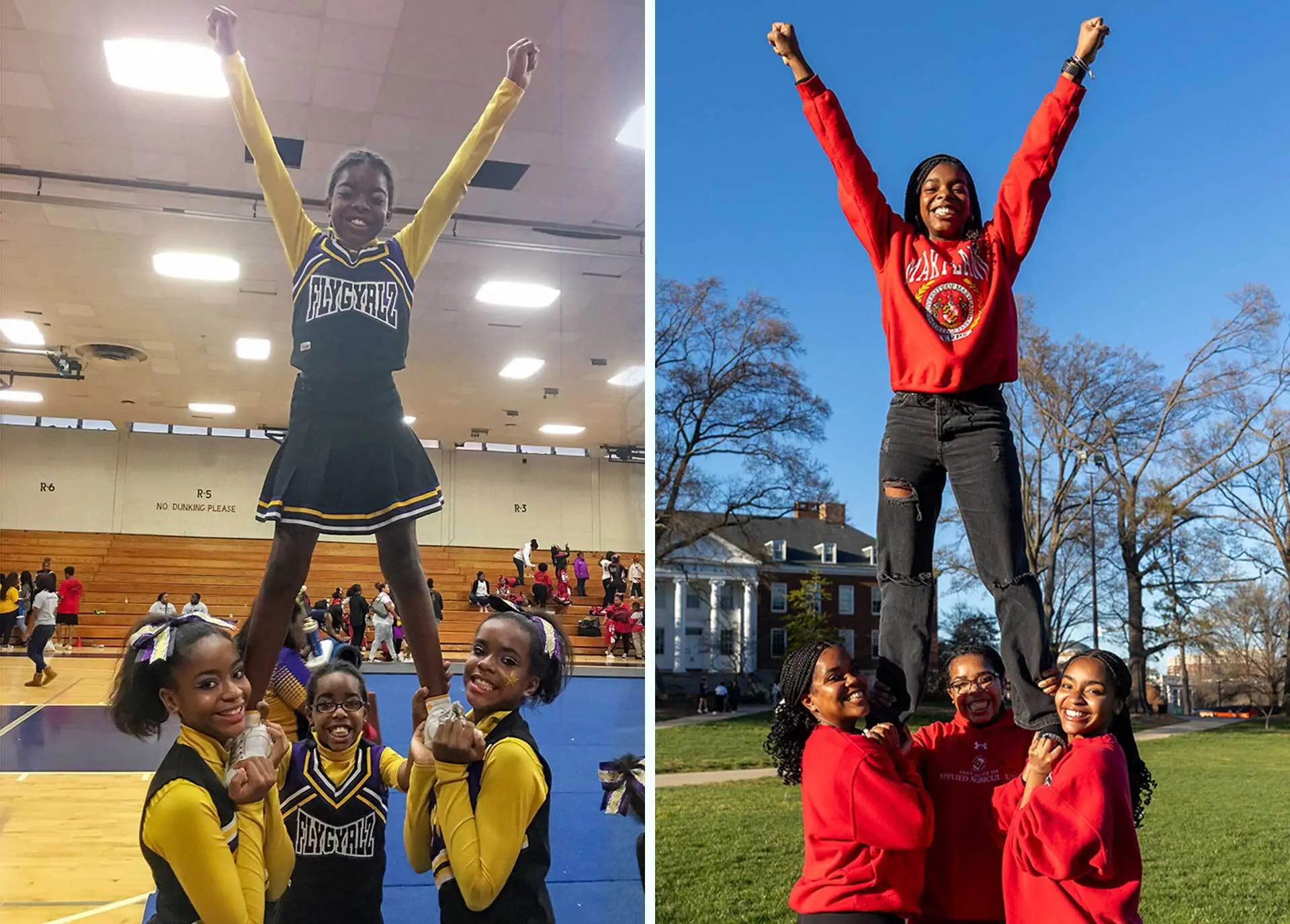 Kamryn Edwards '27, Amira Edwards '25, Britne Edwards '27 and Jade Edwards '24 are two sets of twins from the same family, all attending UMD at the same time. Childhood photo (left) courtesy of Edwards family; photo (right) by Riley N. Sims Ph.D '23