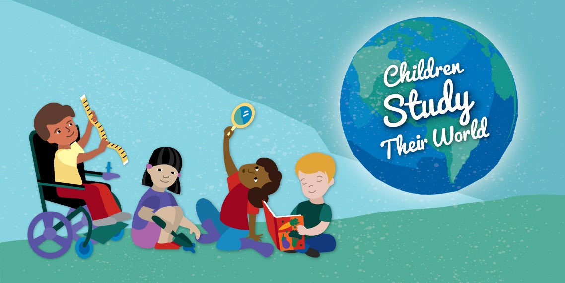 Illustrated banner image with CSW globe logo and children actively engaged in activities--one is looking at a map, another looking in the distance with binoculars, and the third is holding a butterfly.