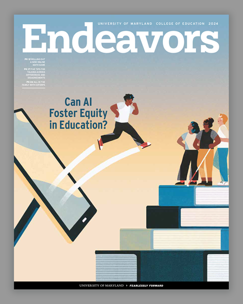 Magazine cover. Person jumping from tablet screen onto books