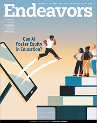 Cover of magazine. Person jumping from computer screen to stack of books