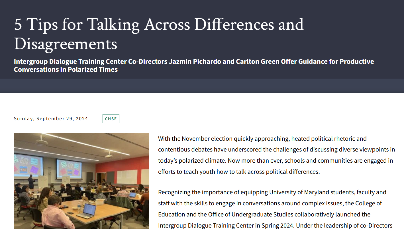 A screenshot of a news article titled "5 Tips for Talking Across Differences and Disagreement."