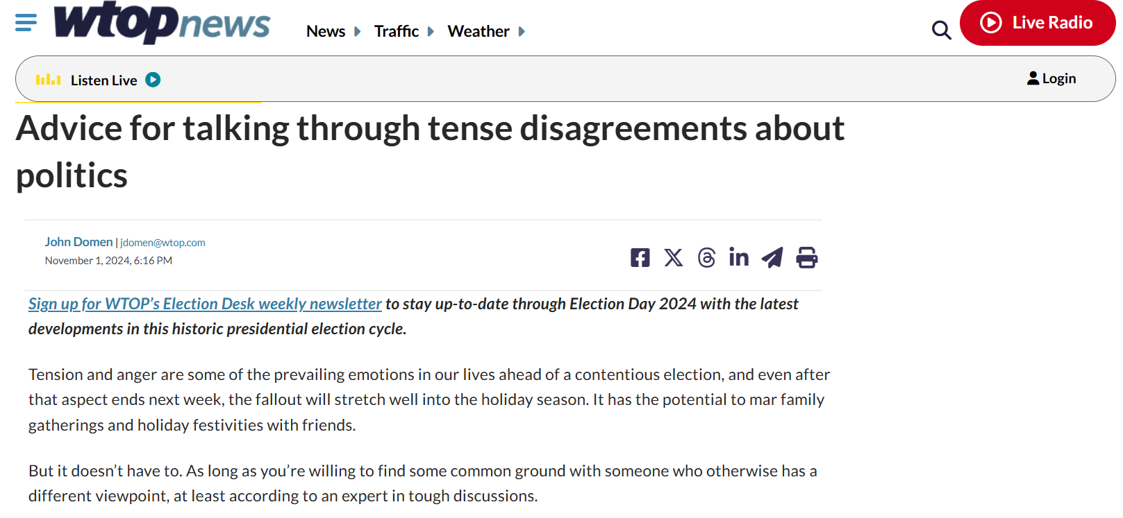 A screenshot of a news article entitled "Advice for Talking Through Tense Disagreements About Politics."