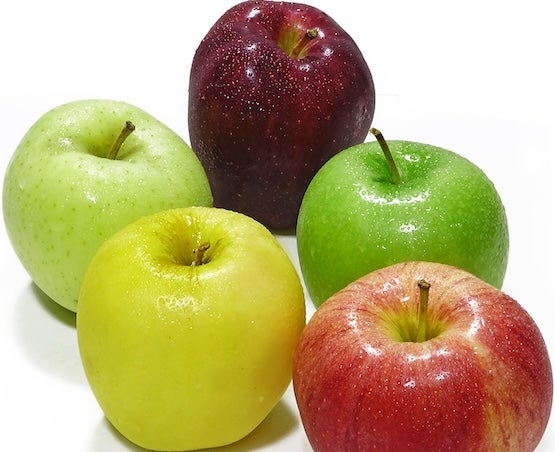 Five green and red apples