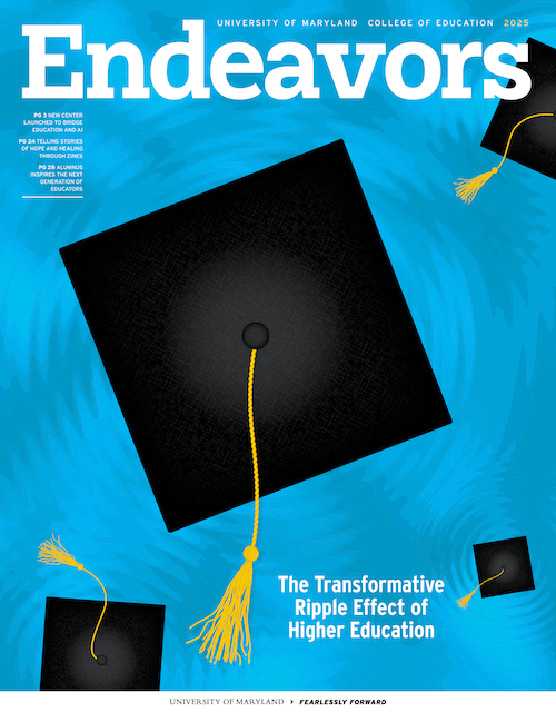 Grad caps floating in blue background