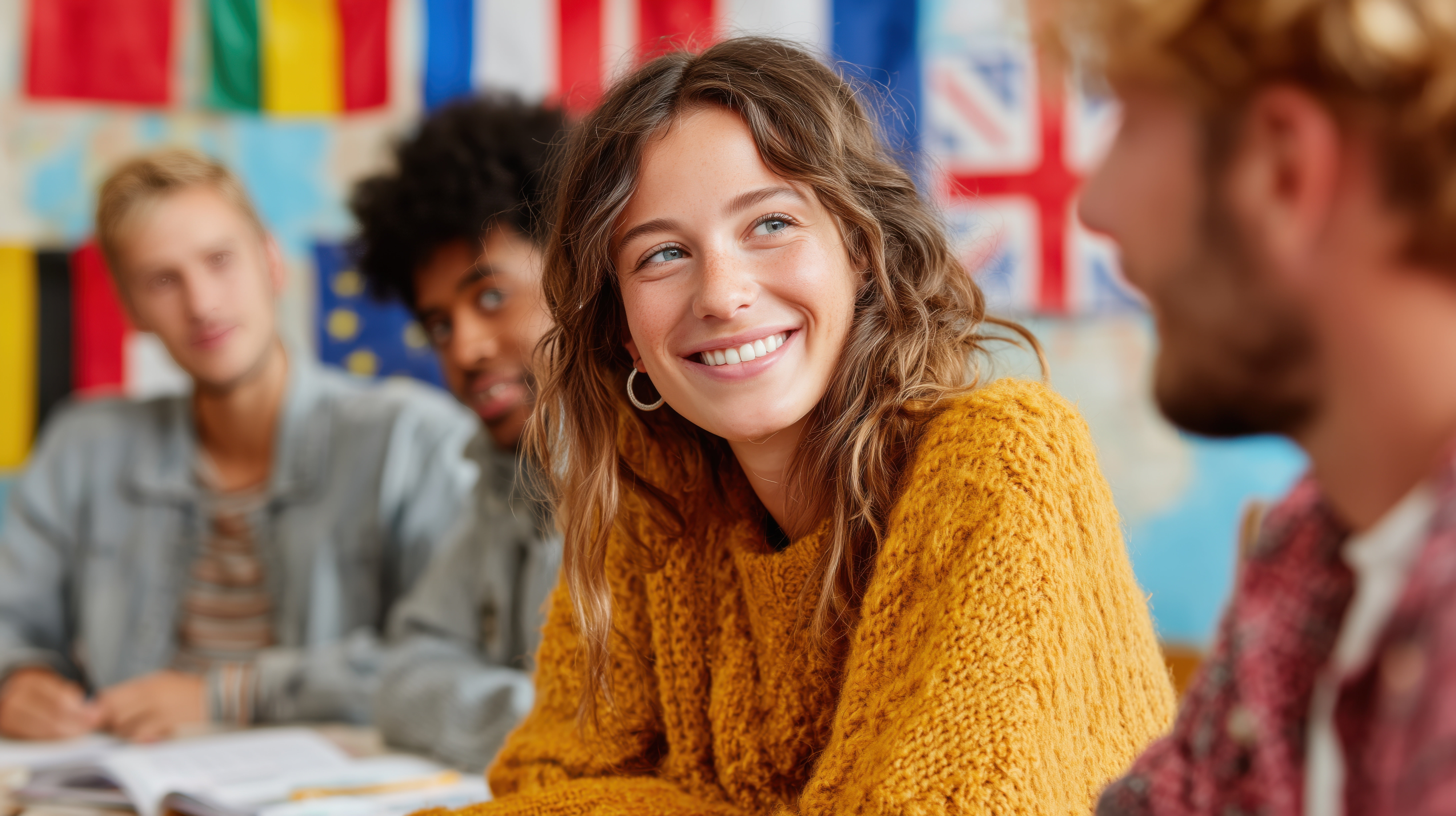 Woman in front of flags