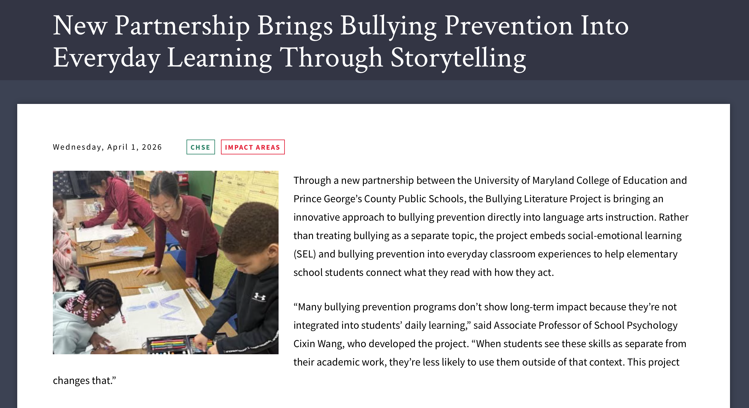 Screenshot of CoE newsletter article about the Bullying Literature Project