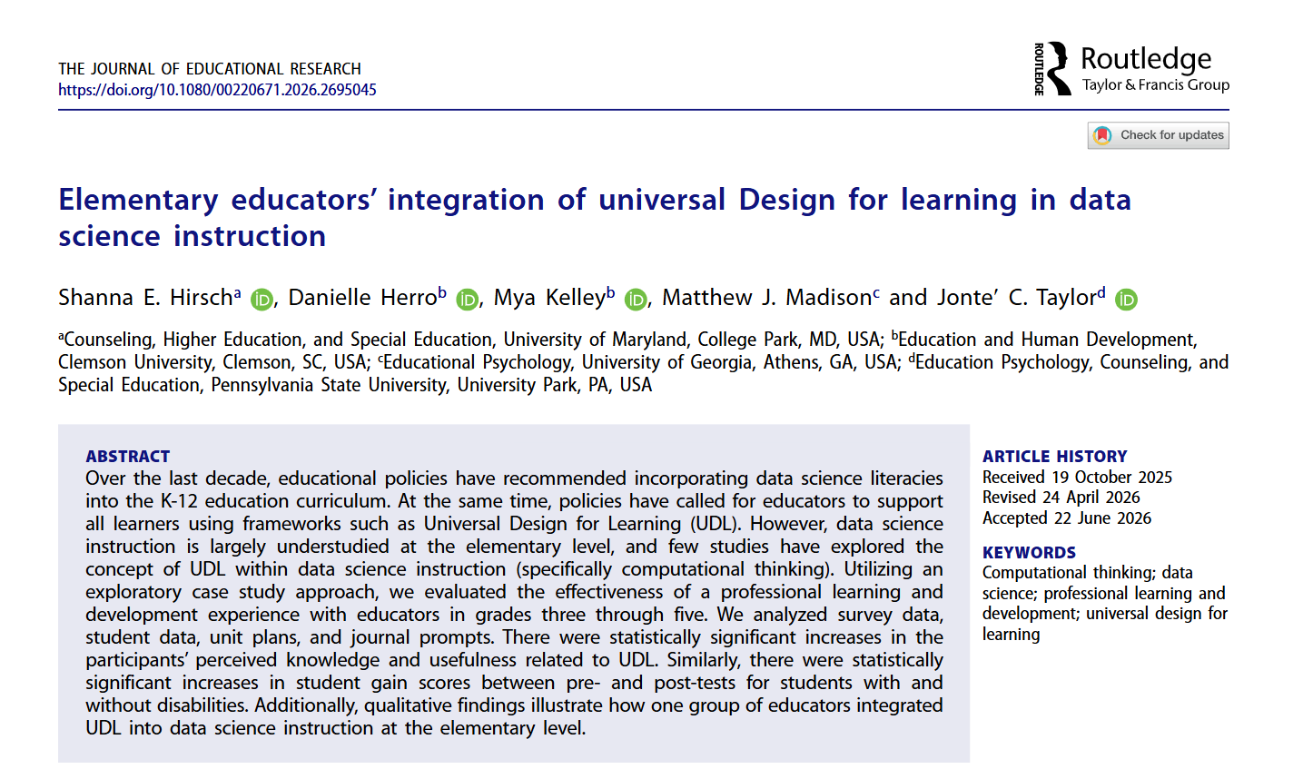 Screenshot of the first page of the Elementary educators’ integration of universal Design for learning in data science instruction