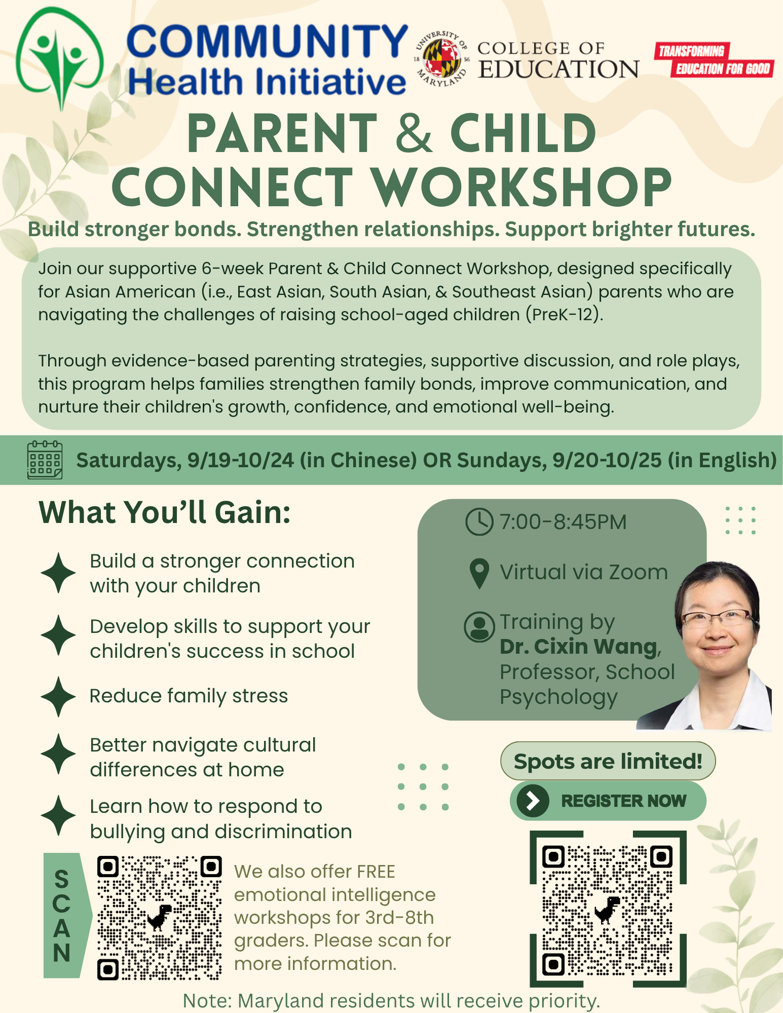 A flyer of upcoming Parent-Child Connect workshops for Asian American parents.