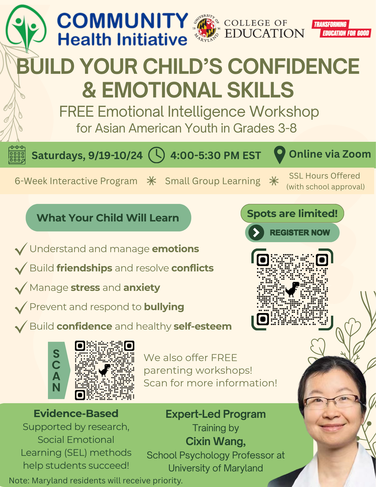 A flyer of upcoming youth socioemotional workshops for Asian American youth.