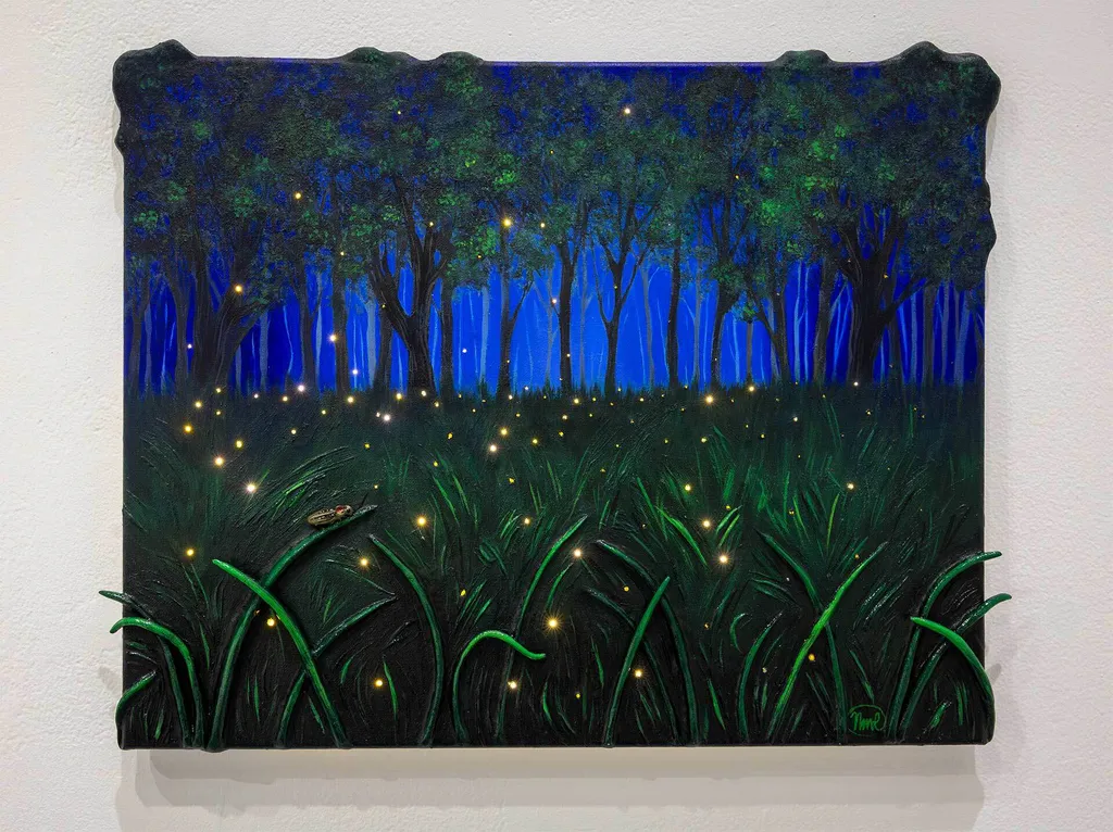 Lights flicker on and off in this piece inspired by the mysterious lantern firefly, created by art education major Nikki Israel '27.