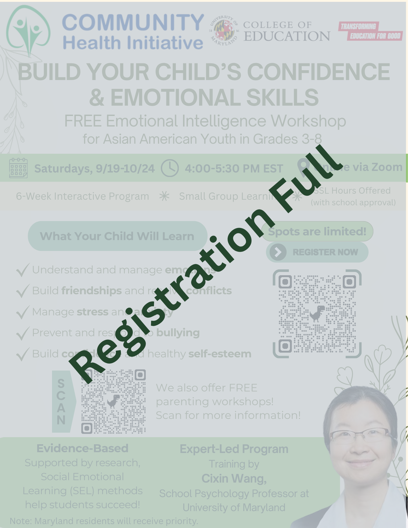 Notice that registration for the Youth SEL Workshop is full.