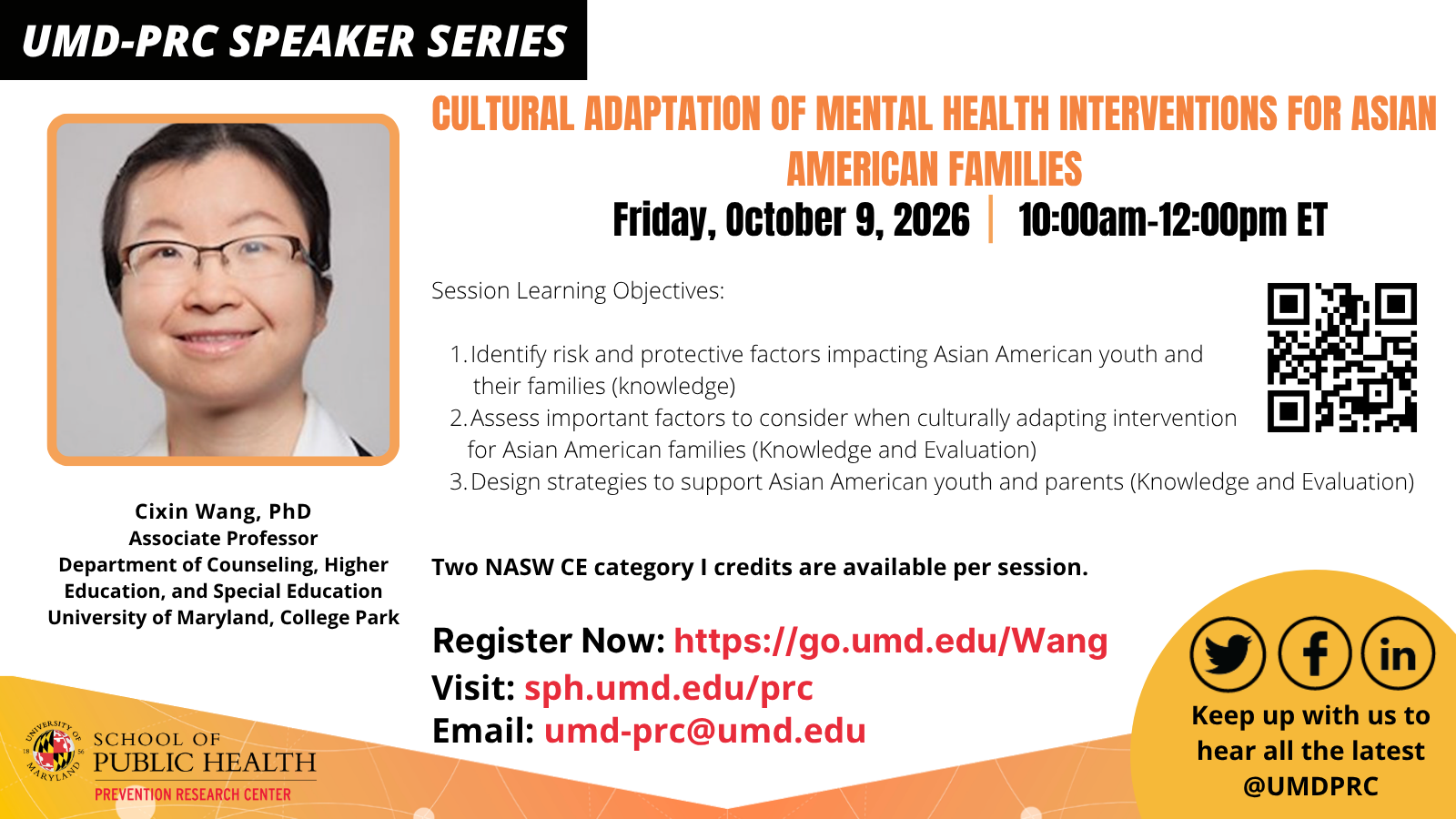 Flyer with details for UMD-PRC Speaker Series on Cultural Adaptation of Mental Health Interventions for Asian American Families