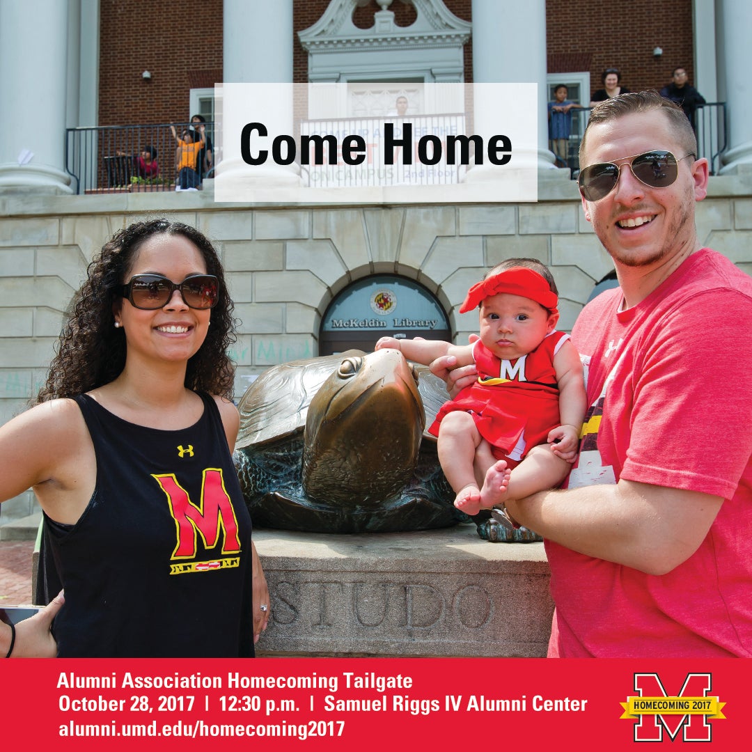 Alumni Association Homecoming tailgate "Come Home" features man, woman, and baby in front of Testudo