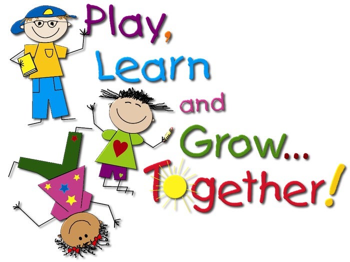 Drawing of three children with the words, "Play, Learn and Grow... Together!"