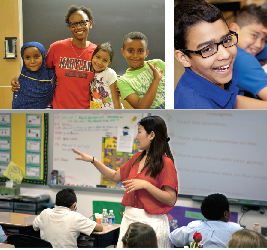 A collage of three pictures of diverse teachers and learners.