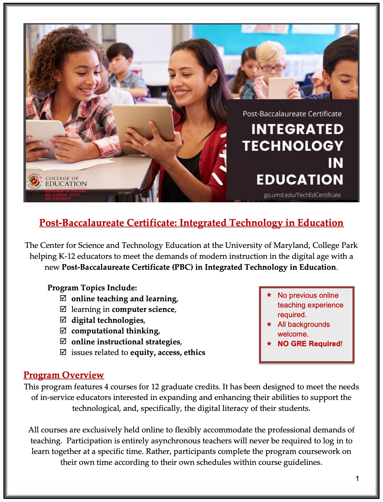 Integrated Technology Education Post-Baccalaureate Certificate flyer containing the same information found on the website.