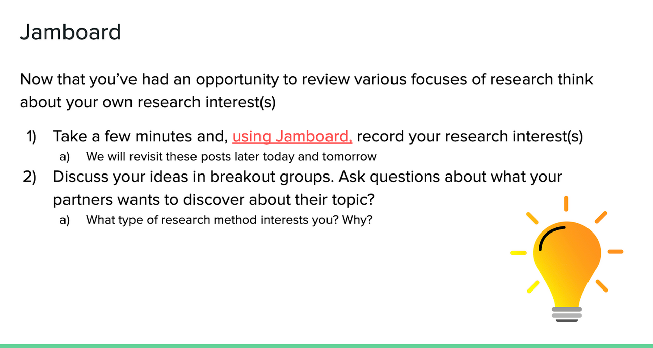 Fellows participated in a JAMBOARD activity by listing their research interest