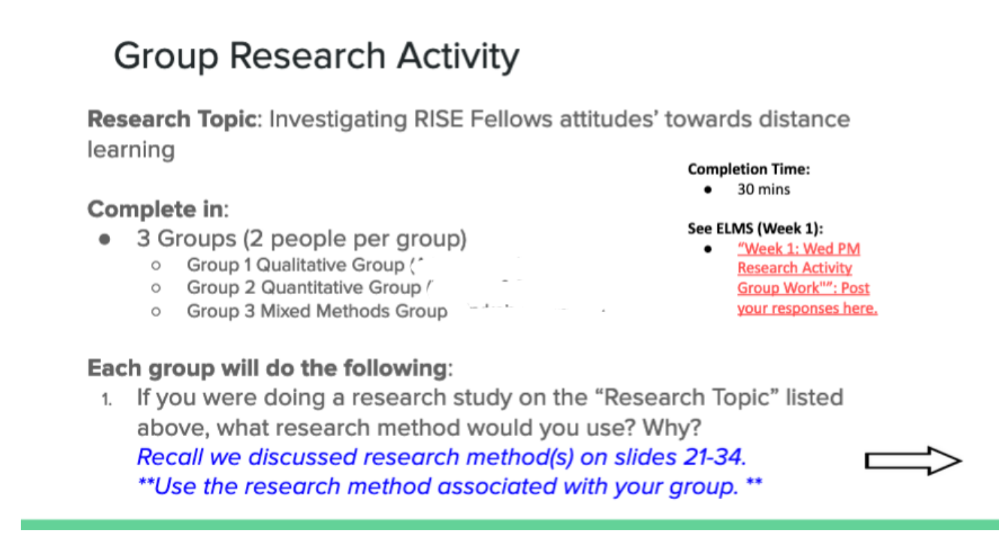Fellows were grouped together to answer the question: what research method would you use to investage RISE fellows attitudes towards distance learning? why? 