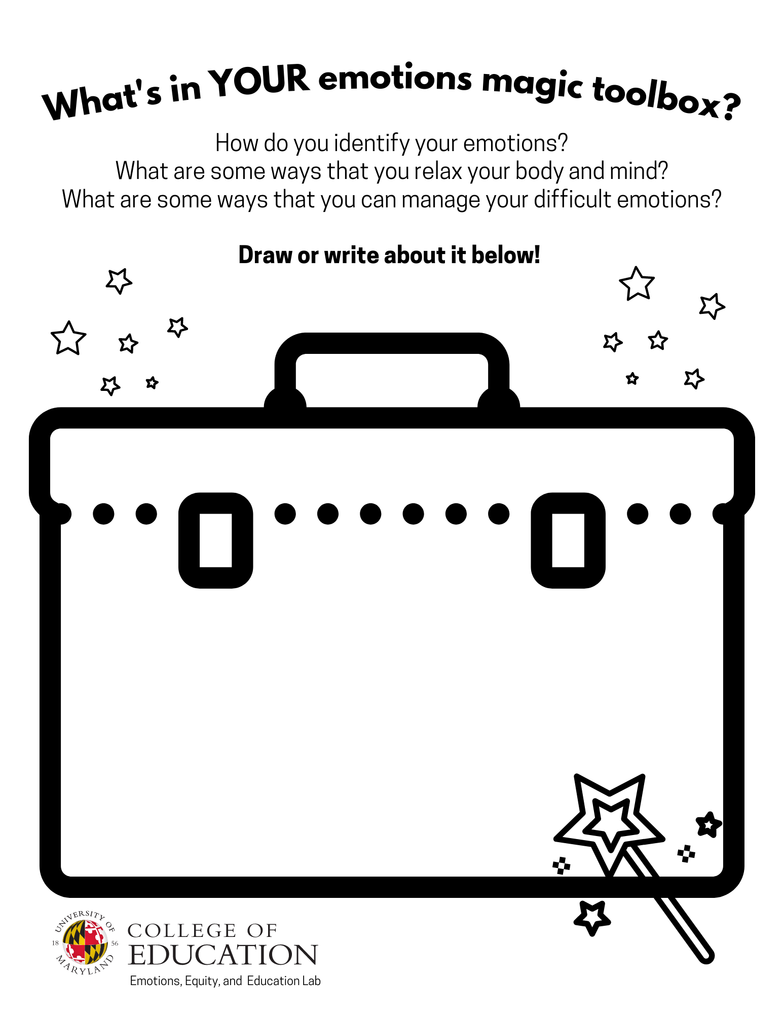 Coloring sheet with a toolbox that asks "what's in your toolbox."